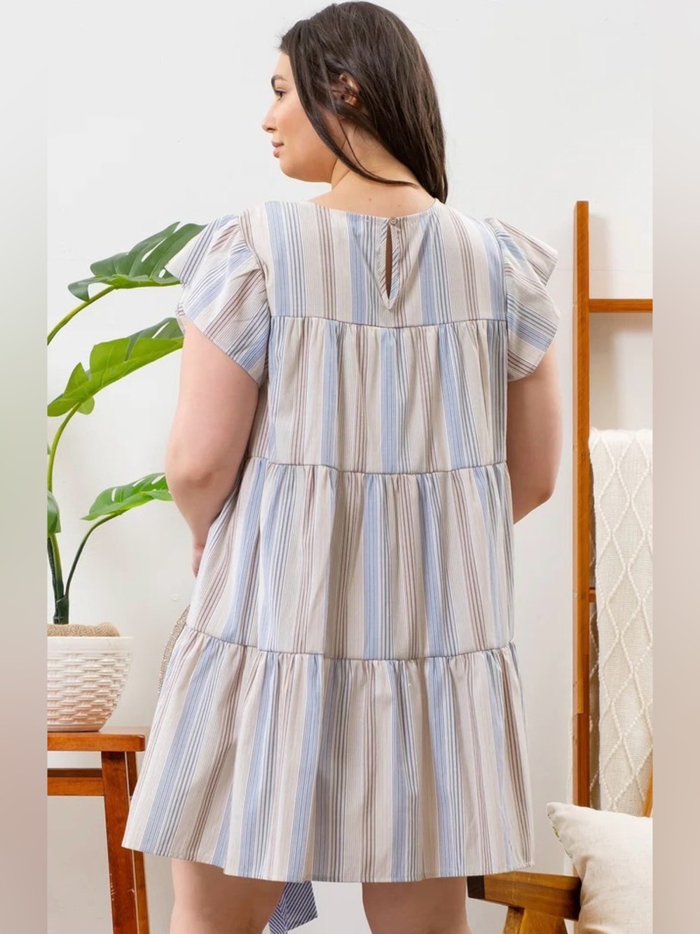 PERCH Striped Tiered Flutter Sleeve Mini Dress Blue & Taupe Flowy Babydoll Dress - Picture 2 of 16